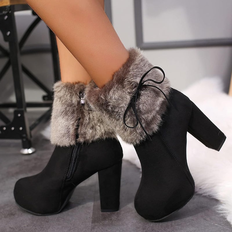 woobles Winter Boot for Women,Women Round Toe Platform Booties Ladies Cute Chunky High Heel Snow Ankle Boot Wedge Zipper Slip On Boot Causal Walking Dress Shoe (Black, 7) - Image 2
